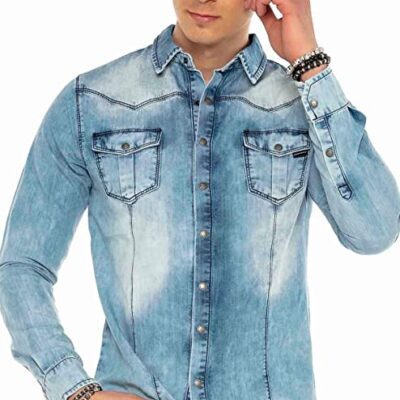Cipo & Baxx Herenhemd met lange mouwen, klassiek elegant denim design, vrijetijdshemd
