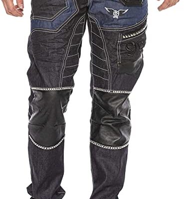 Cipo & Baxx Heren jeansbroek Regular Fit Denim Kunstleer Opvallende Heren Pants Denim Biker klinknagels en Strasstenen Jeans Donkerblauw